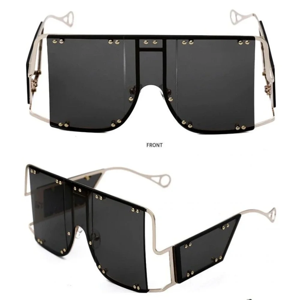 Oversized Shield Sunglasses Gold Studded Accents Fashion Statement Shades Lentes